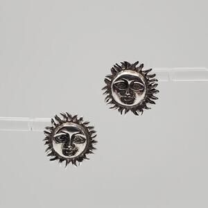 Vintage 925 Silver Sun Face Celestrial Stud Mexico Artisan Pierced Earrings